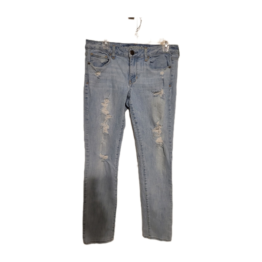 American Eagle Skinny Stretch Blue Distressed Denim Jeans Mid Rise Sz 10